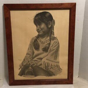 Vintage 1980 Cat Deuter hand signed print of cute little Native American girl